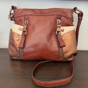 B Makowsky Brandy Crossbody Bag Leather Multi Copper W/Two Tone Trim